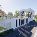Modern Two Story Detached Villa Exterior With White Walls Wooden Windows And Greenery