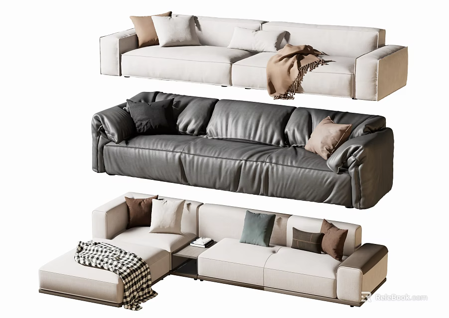 Modern Sectional Sofas With Fabric Leather Cushions Throw Blankets And Designs 3d model 