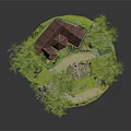Two Story House With Red Roof Surrounded By Green Trees Garden And Small Pond