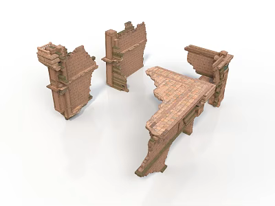 Ancient Building Ruins With Weathered Stone Brick Wall And Arch Fragments 3d model