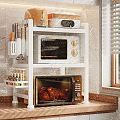 White Multi Tier Kitchen Storage Rack With Oven Microwave Knives Spice Bottles And Roasted Chicken