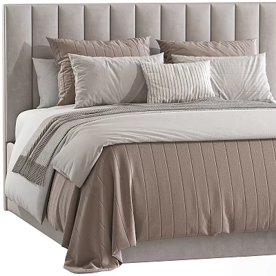 Neutral Toned Background Double Bed With Soft Pillows And Striped Bedspread 3d model