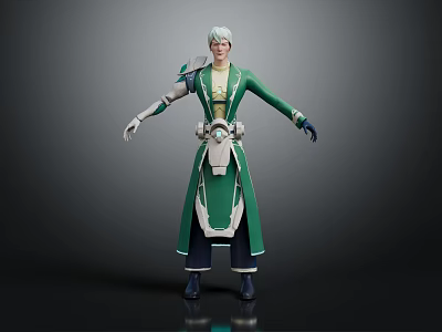 3D Fantasy Character Model With White Hair Green Robe And Intricate Accessories 3d model