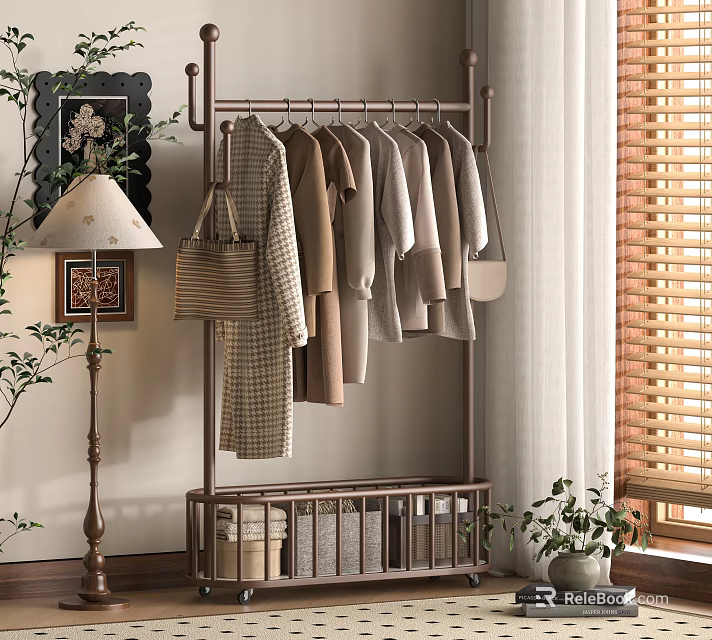 Modern Clothes Rack With Hanging Clothes Handbag And Bottom Storage In Cozy Room With Plants 3d model 