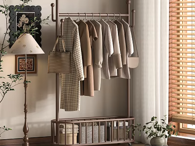 Modern Clothes Rack With Hanging Clothes Handbag And Bottom Storage In Cozy Room With Plants 3d model