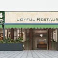 Joyful Restaurant Exterior With Green Awning Glass Windows Brick Walls And Potted Plants