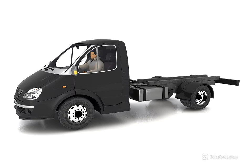 Black Flatbed Truck With Single Cab Chassis And Silver Alloy Wheels 3d model