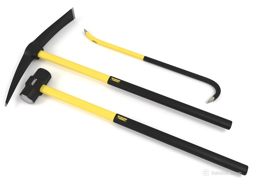 Durable Hardware Tools Axe Hammer and Crowbar with Yellow and Black Handles 3d model 