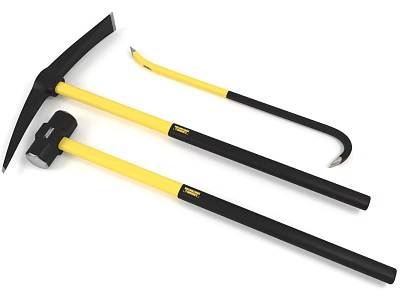 Durable Hardware Tools Axe Hammer and Crowbar with Yellow and Black Handles 3d model
