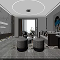 Modern Living Dining Room Interior Design With Marble Wall Round Ceiling Light And Sofa