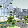 Modern Office Building Complex Featuring Glass Facades Greenery Courtyard And Pool 3d model