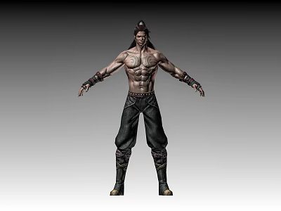 Shirtless Muscular Male Character 3D Model With Dark Pants Boots Arm Guards And Tied Hair 3d model