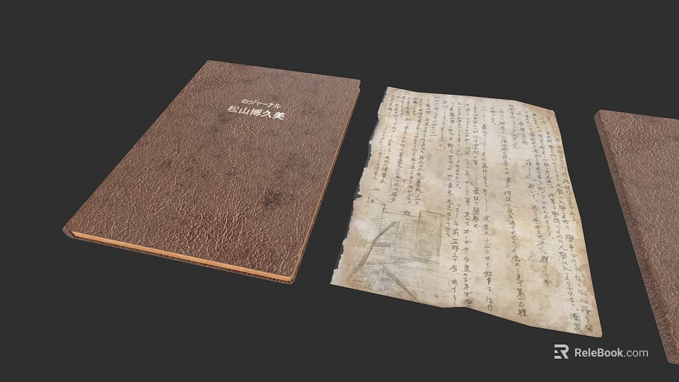 Vintage Brown Leather Notebook With Old Paper And Ancient Handwritten Script 3d model