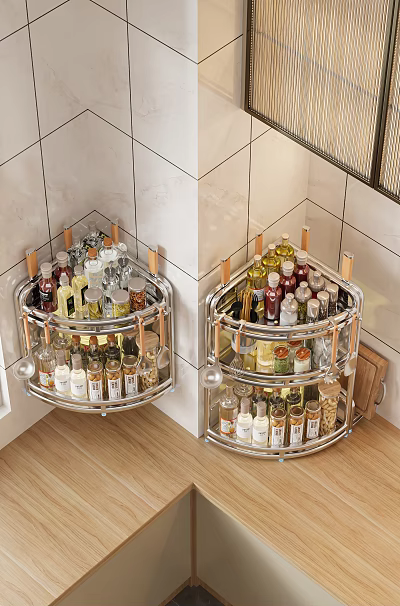 Stainless Steel Multi Layer Kitchen Corner Spice Rack With Glass Jars 3d model