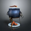 Blue Cooking Pot With Handles On Metal Stand Over Wood Log Fire