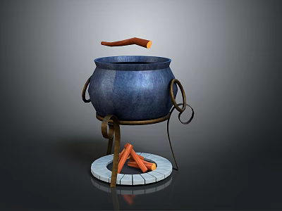 Blue Cooking Pot With Handles On Metal Stand Over Wood Log Fire 3d model