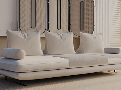 Modern Beige Three Seater Sofa With Soft Cushions And Armrests In Minimalist Room 3d model
