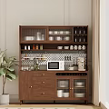 Modern Brown Sideboard With Glass Door Cabinets Open Shelving Cups Plates Spice Jars And Microwave