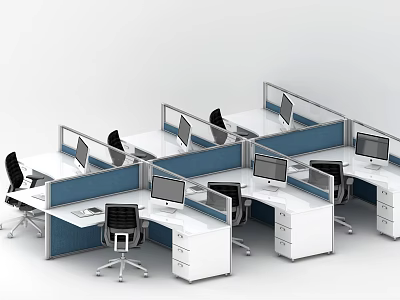Modern Office Cubicles With White Desks Blue Partitions Computers And Black Chairs 3d model