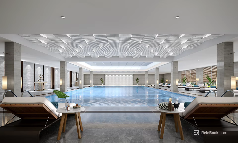 Luxurious Modern Wall Lights in Indoor Swimming Pool Area with Lounge Chairs and Greenery 3d model 