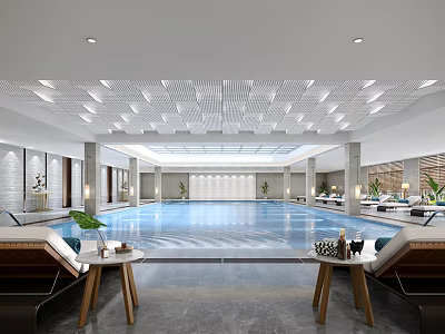 Luxurious Modern Wall Lights in Indoor Swimming Pool Area with Lounge Chairs and Greenery 3d model