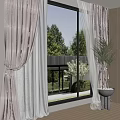 Indoor Window With Brown Curtains Sheer Panels Potted Plant And Green Trees View