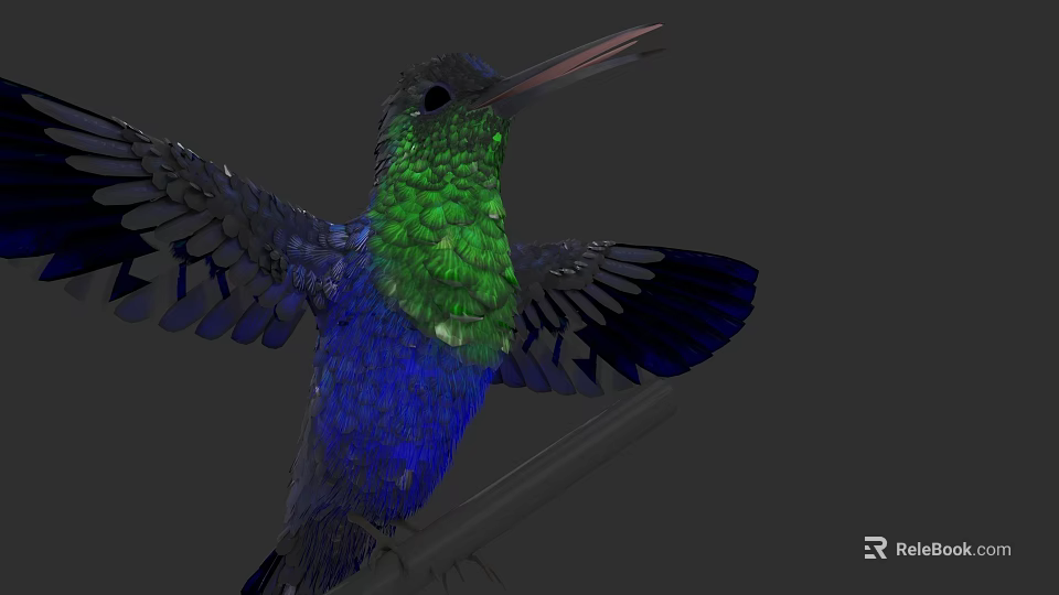 Vibrant Green and Blue Hummingbird with Spread Wings Perched on Tree Branch 3d model 