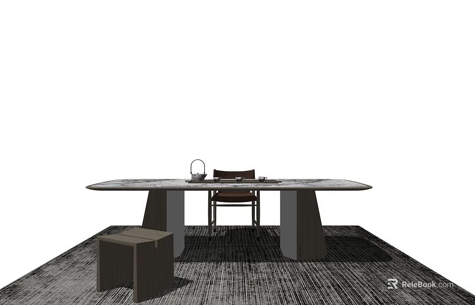 Modern Tea Table with Gray Tabletop and Dark Wood Chair Stool on Woven Rug 3d model 