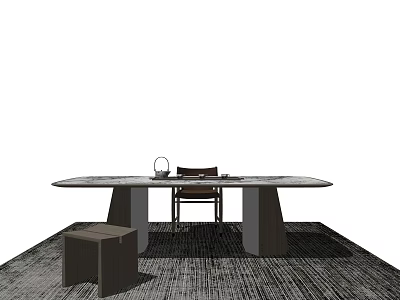 Modern Tea Table with Gray Tabletop and Dark Wood Chair Stool on Woven Rug 3d model