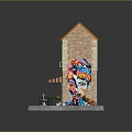 Cartoon Scene of Two Story Brick House with Orange Tiled Roof Ground Floor Cafe and Colorful Graffiti