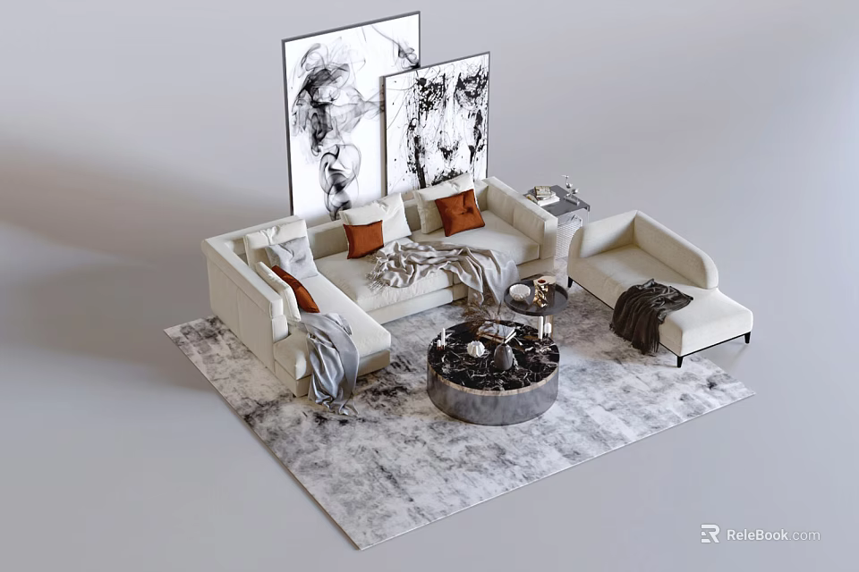 Modern White Sofa And Coffee Table Set With Round Table Throw Pillows And Wall Art 3d model