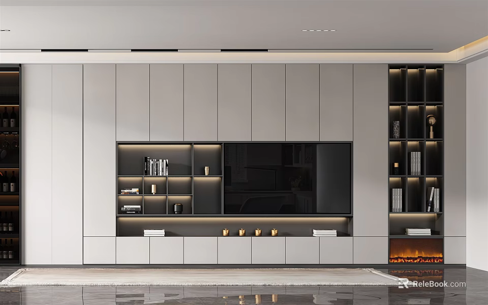 Modern TV Wall Unit Interior Design With Flat screen TV Storage Shelves And Fireplace 3d model 