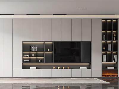 Modern TV Wall Unit Interior Design With Flat screen TV Storage Shelves And Fireplace 3d model