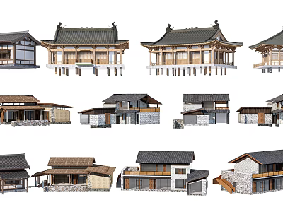 Traditional and Modern Residential Buildings with Tile Roofs Wooden Structures and Stone Walls 3d model
