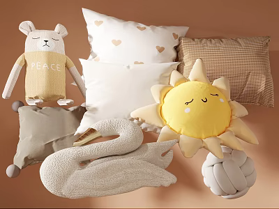 Cute Plush Pillows With Sun Swan Bear Shapes And Heart Pattern Designs 3d model