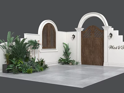 Charming Garden Ornaments Outdoor Scene With White Archway Wooden Door Potted Plants And Wall Lamps 3d model