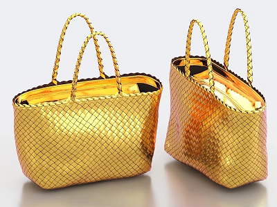 Golden Woven Metallic Handbags with Braided Handles and Shiny Texture for Fashion 3d model