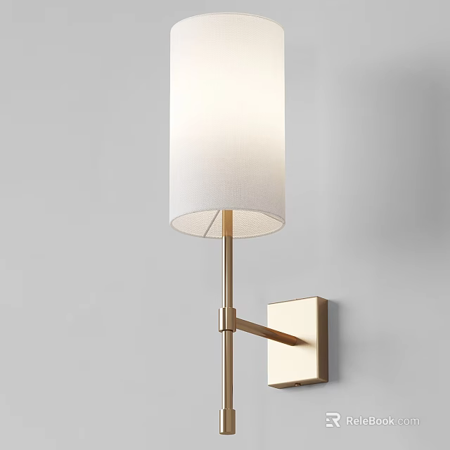 Modern Golden Wall Lamp with White Fabric Lampshade Mounted on Gray Wall 3d model 