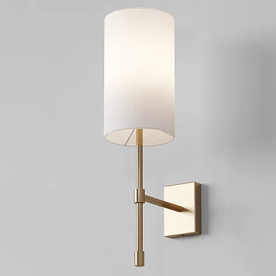 Modern Golden Wall Lamp with White Fabric Lampshade Mounted on Gray Wall 3d model