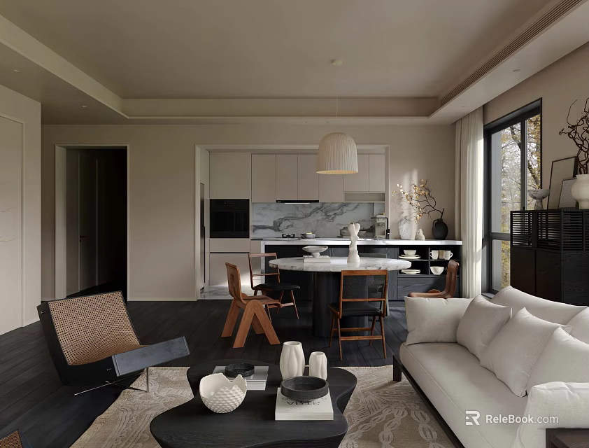 Modern Living Dining Room Interior With Sofa Coffee Table Dining Table Chairs Pendant Light 3d model