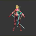Anime Style Female Character With Purple Long Hair And Blue Sword In Combat Outfit