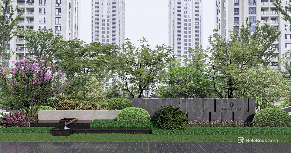 Modern Landscape Wall With High Rise Buildings Green Plants And Lush Bushes 3d model 