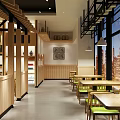 Traditional Modern Restaurant Interior With Wooden Pavilion Partition Green Seats And City View Windows