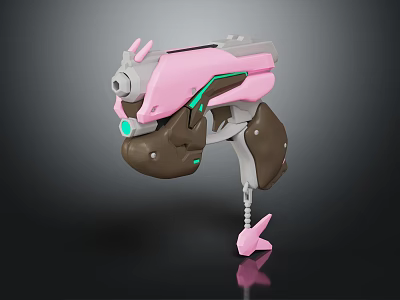 Pink And Gray Weapon With Green Glowing Parts Rabbit Ear Decorations And Brown Base 3d model