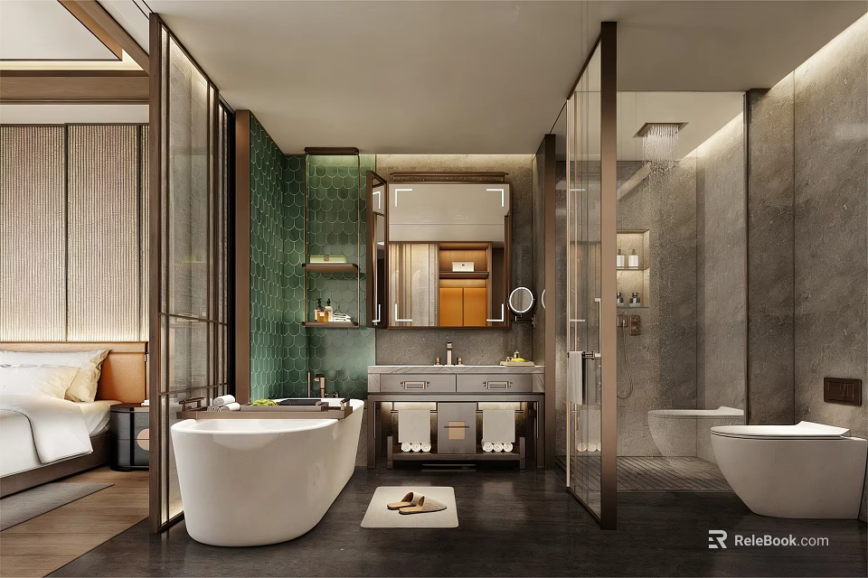 Hotel Guest Room Modern Bathroom With White Bathtub Glass Partition And Green Wall 3d model 