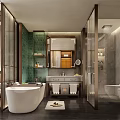 Hotel Guest Room Modern Bathroom With White Bathtub Glass Partition And Green Wall