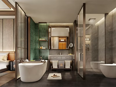 Hotel Guest Room Modern Bathroom With White Bathtub Glass Partition And Green Wall 3d model