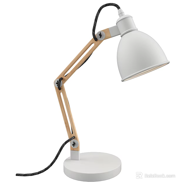 Modern Wooden Arm Desk Lamp With White Shade And Adjustable Design For Home Office Workspace 3d model 