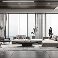 Modern Living Room Interior With Large Windows Beige Sofa Wooden Ceiling And Indoor Plants