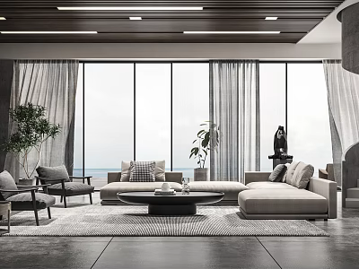 Modern Living Room Interior With Large Windows Beige Sofa Wooden Ceiling And Indoor Plants 3d model